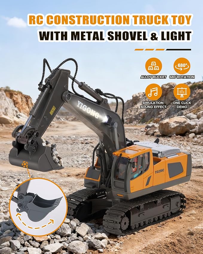 HuiJuKeJi 11-Channel Remote Control Excavator Toy Rechargeable 2.4 GHz RC Construction Vehicle for Kids 680° Rotation | Metal Shovel | Lights &amp Sounds for Boys Ages 6-12