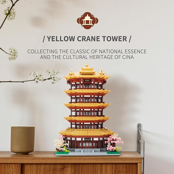 Chinese House Asian Architecture Micro Building Blocks Yellow Crane Tower for Adults - Decorative DIY Gift for Age of 14+