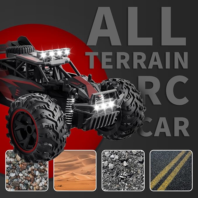 Carox Remote Control Car 2.4GHz 25KM/H High Speed RC Car 1:18 Off-Road Monster Truck with LED Lights and 1800mAh Rechargeable Battery – Ideal Gift for Boys 6+