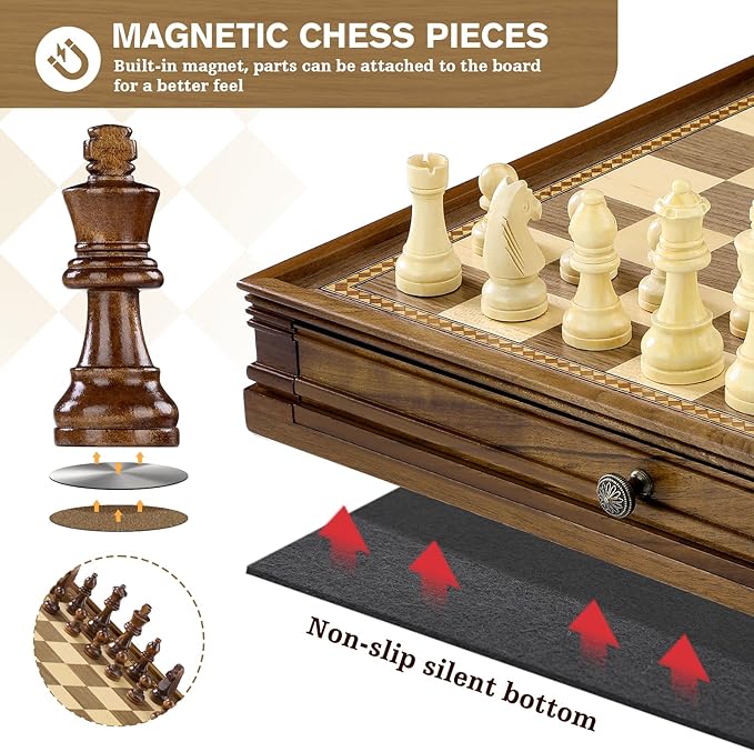 Peradix Magnetic Chess Checkers Board Sets with 2 Built-in Storage Drawers15 Classic 2 in 1 Wooden Games with 2 Extra Queens for Kids and AdultsTravel Portable Chess Game Set