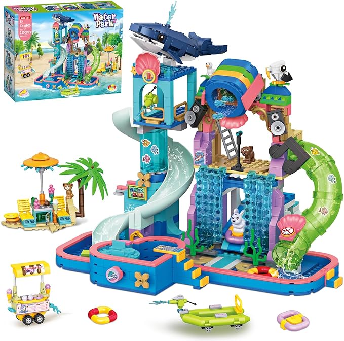 1150Pcs Friends Water Park Building Set STEM Summer Fun Party Toy with Swimming Pool SlidesWater CanonsDiving PlatformAnimal Pretend Play Kit for kids Birthday Gifts for Girls Ages 6-12+