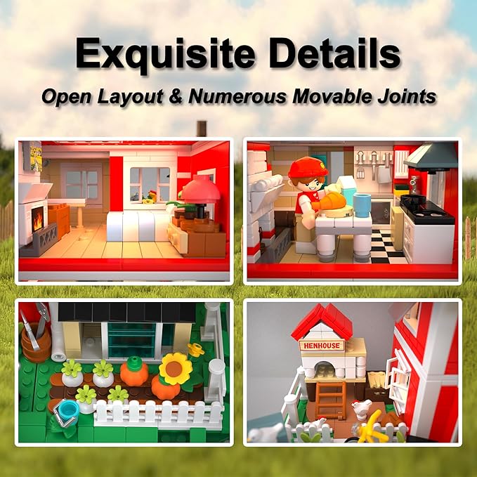 Country Farm House Building Set 1268PCS Toy Building Blocks Set Model Building Kits Rural Villa with Flowers Animals Home Office Decor Christmas Birthday Gift for Adults Teen Kids Ages 8+