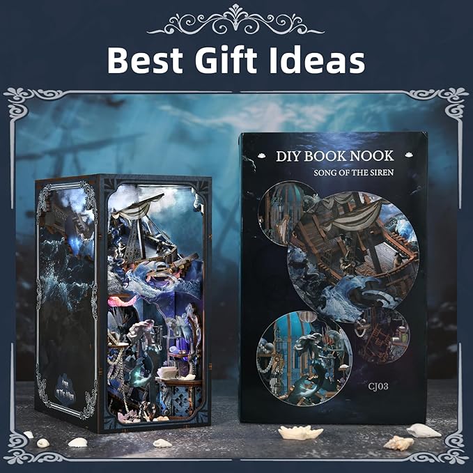 Book Nook Kit 3D Wooden Puzzle for Adults Teen DIY Ocean Miniature Dollhouse Booknook Kit with Led Light and Dust Cover (Song of The Sirens)