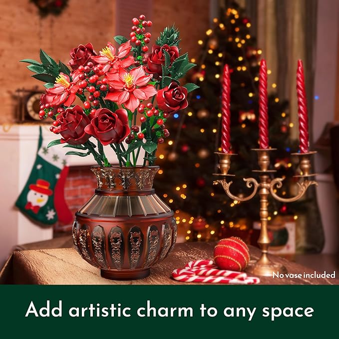 JOJO&ampPeach Flowers Rose Bouquet Building Set for Adults Mom Wife Artificial Poinsettia Botanical Collection for Home Office Display Festive Birthday Gift Toy for Women Girl and Teen 18+ (917PCS