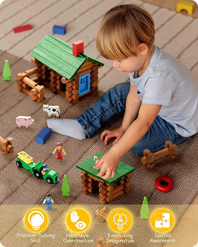 SainSmart Jr. Wooden Log Cabin Set Farm Building House Toy for Toddlers 122 PCS Classic STEM Construction Kit with Colorful Wood Logs Blocks for 3+ Years Old