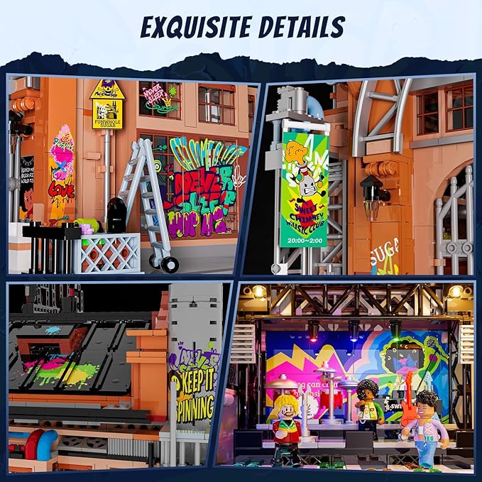 FUNWHOLE Factory House of Music Lighting Building Bricks Set - Street Fusion Music Club City Town Fully Accessible Multi-Form Modular Collection Kit 2654 Pcs for Adults &amp Teens &amp Street Cultur