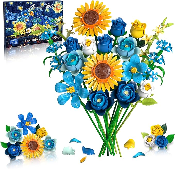 Blue Rose Sunflower Building Block Set - Compatible with Lego Flowers Adults Women Gothic Artificial Botanical Collection Van Gogh Starry Night Christmas Valentine's Gifts Home Decor