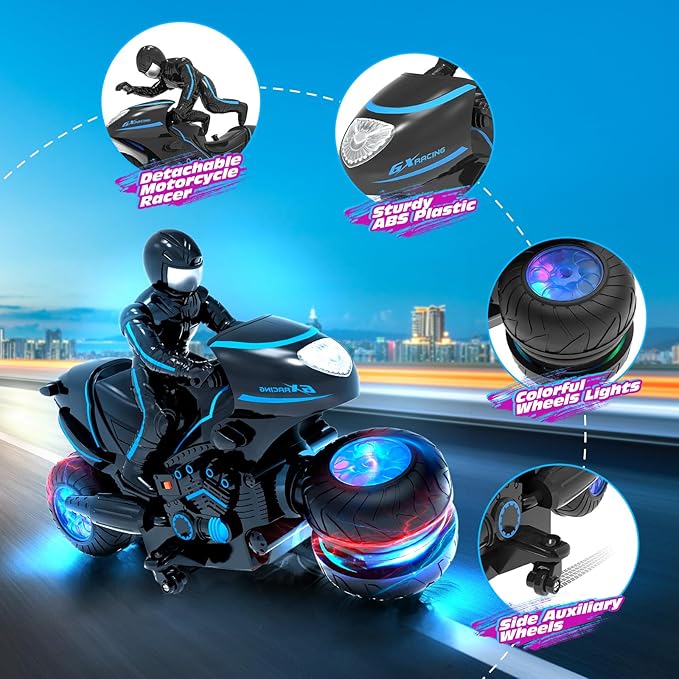Tecnock RC Motorcycle Remote Control Motorcycle with LED Lights RC Car Dirt Bike Toy 360° Spins and Flips Rechargeable Batteries Gift for Boys Ages 5-7 8-12