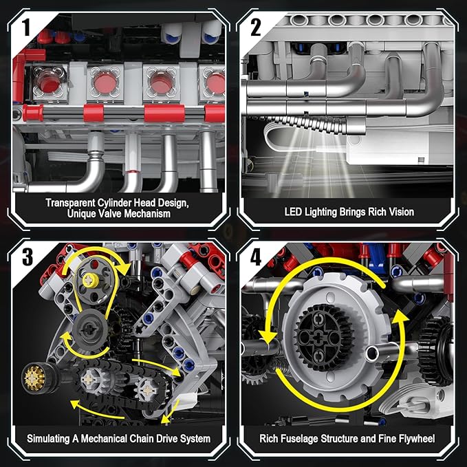 HIGH GODO Ideas V8 Engine Building Kit That Works Build Your Own MOC Mini V8 Engine Model Toy for Display STEM Toys Gifts for Teens Adults 14+ (700 PCS)