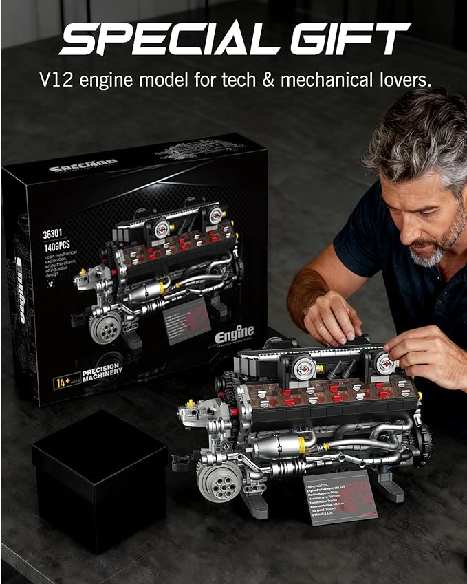 V12 Engine Building Set for Adults and Teens 14+ 1409 PCS Motorized Mechanical Engineering Model Kit That Runs MOC Engine Toy with Battery Box and Motor Compatible with Lego STEM Gift for Men