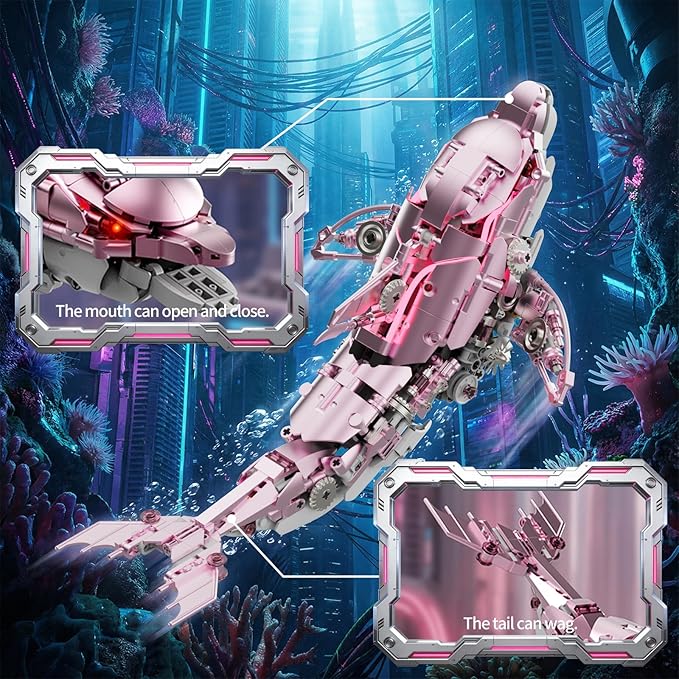 Mechanical Pink Dolphin Building Blocks Set with Hand-Crank &amp Motorized Movement Interactive Detailed Gear Design Display &amp Play Model Futuristic Ocean Animal Model