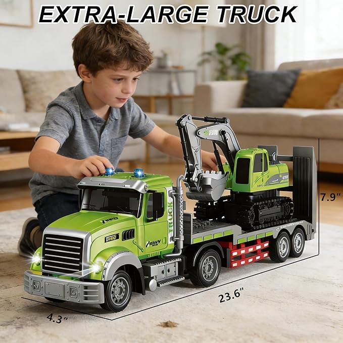 11 Channel RC Semi Truck &amp RC Excavator Toy Set 1:12 Remote Control Flatbed Truck with Trailer Engineering Vehicle with Sound &amp Lights Alloy Bucket Excavator Toys Great Gift for Boys Kids