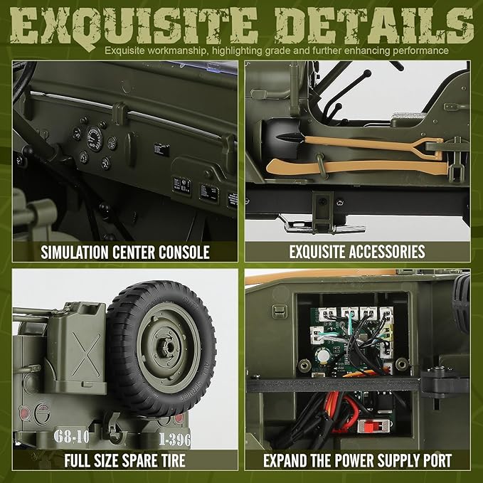 1/10 Scale RC Military SUV Remote Control 4WD Off-Road Vehicle with Alloy Frame Chassis with Winch and Capstan Army Vehicle with Opening Hood and Folding Windshield 2 Batteries