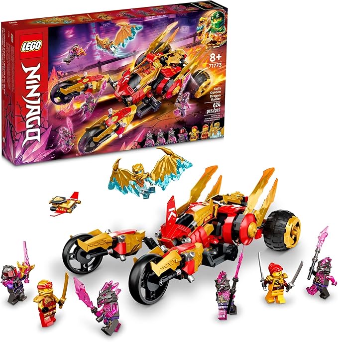 LEGO NINJAGO Kai’s Golden Dragon Raider Multi-Terrain Car Toy 71773 with Kai and Zane Minifigures Building Set for Kids Ages 8 Plus