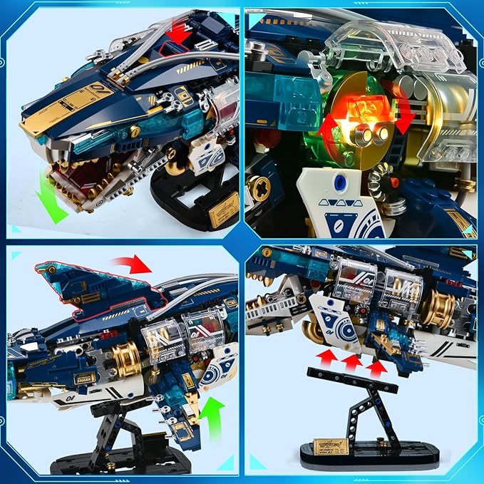 BNG Mechanical Shark Building Sets for AdultOcean Animal Building Block with Display Stand and Light Sea Fish Collection STEM ToyHome Office Decor and Idea Gift for Teen Boys 8-14 (1277PCS)
