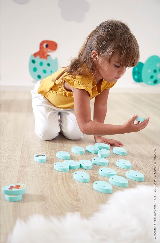 Janod Dino - Dinosaur Memory Game - 20 Wooden Dino Eggs with 10 Prehistoric Pairs - Cooperative or Competitive Early Learning Game - Ages 2-5 Years - J05826