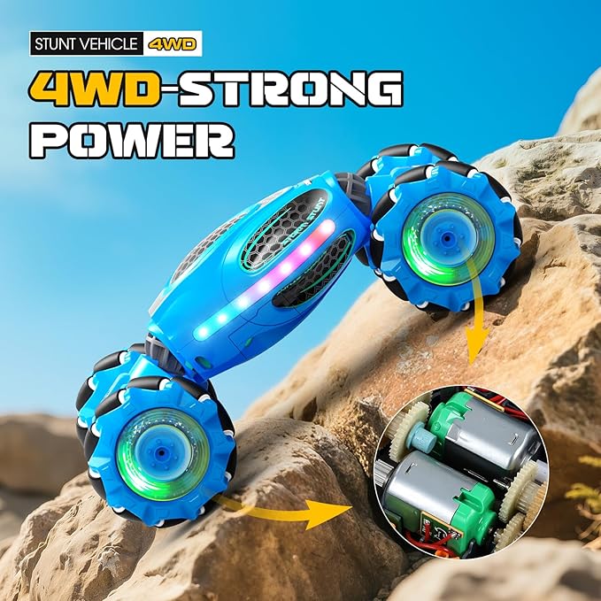 Gesture Sensing RC Stunt Car - Boys Toys Age 6-12 4WD Hand Controlled Remote Control Drift Twist Offroad 360° Rotation Car with Light &amp Music Cool Birthday Presents and Ideas Gifts for Kids Blue