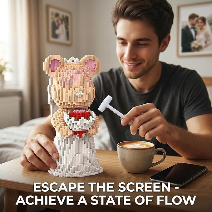 12.6 Bride Teddy Bear Blocks Building Bricks Set - Challenging DIY Micro Blocks for Adults Collectible Decor for Office &amp Bookshelf Screen-Free Stress Relief - Gift Idea Ages 14+