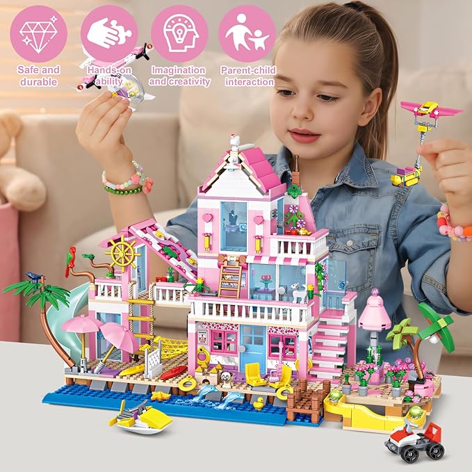 Beach Villa Building Block Set Deluxe 2-Story Vacation Resort with Pool Palm Trees &amp Fun Details STEM Toy for Kids Teens