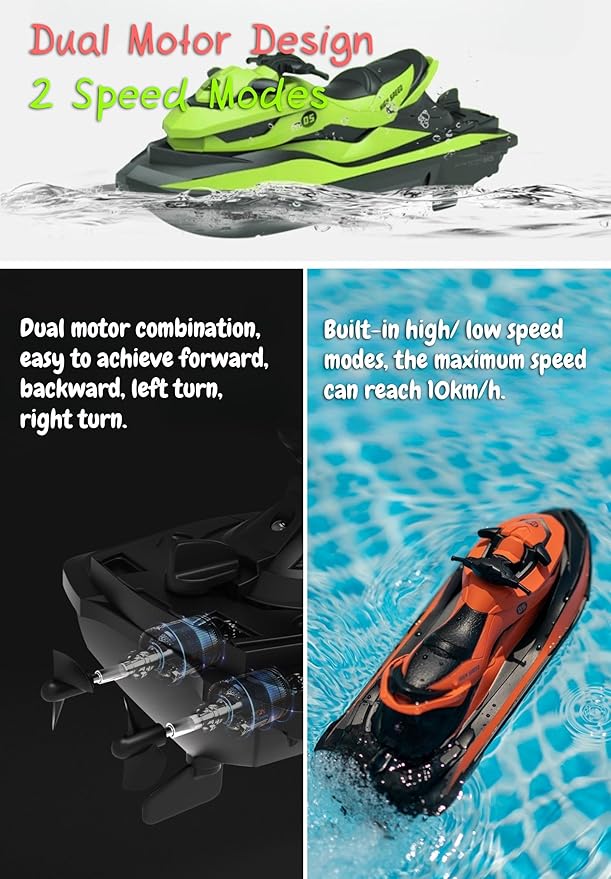 2.4 GHz RC Motorboat for Kids &amp Adults 10 km/h High-Speed Dual-Motor Electric Racing Jet Ski Toy 50 m Range 20 min Play Low-Battery Alarm Pool &amp Lake Ready (Green)