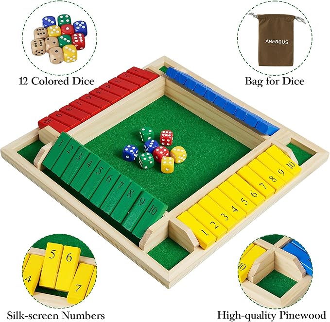 AMEROUS Shut The Box Dice Game-12 inches-Colorful Design-1-4 Players-12 Dice-Gift Package Classic 4 Sided Wooden Board Game for Adults Kids Classics Board Game