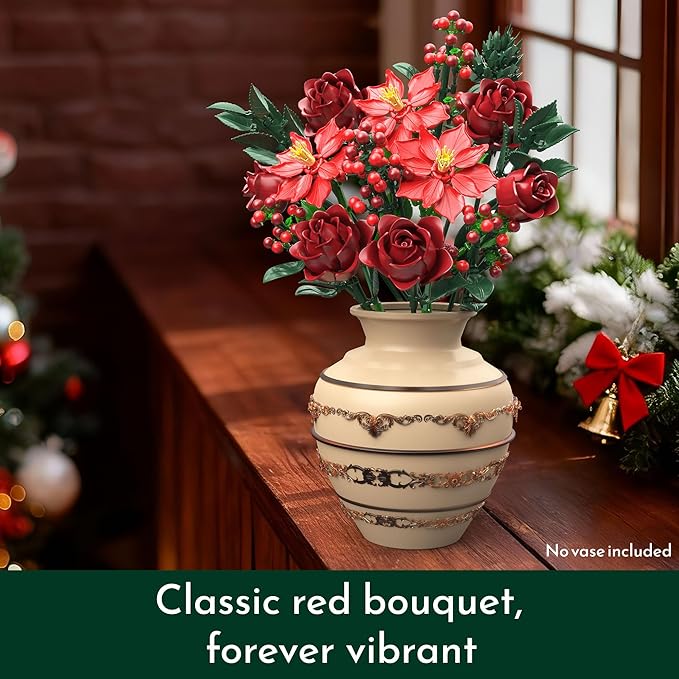 JOJO&ampPeach Flowers Rose Bouquet Building Set for Adults Mom Wife Artificial Poinsettia Botanical Collection for Home Office Display Festive Birthday Gift Toy for Women Girl and Teen 18+ (917PCS