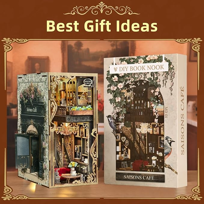 Book Nook Kit DIY Miniature Dollhouse Book Nook Kit with Dust Cover and LED Light (Saisons Café)