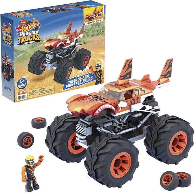 MEGA Hot Wheels Monster Trucks Building Toy Playset Tiger Shark with 187 Pieces 1 Micro Action Figure Driver Orange and Black Kids Age 5+ Years