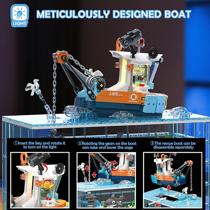 Fish Tank Building Blocks Set - 830PCS Ocean Treasure Hunt Building Set with Adventure Boat Shark Jellyfish &amp Coral Reef STEM Toys Birthday Christmas Building Blocks Gift Idea