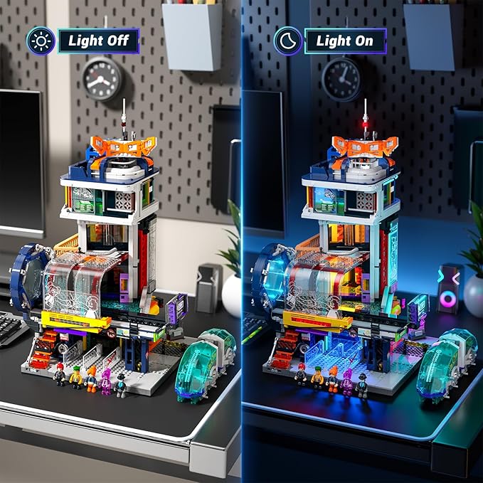 Cyberpunk Floating-Train-Station Lighting-Building-Bricks Set - Cyberpunk City Future Levitation Train Station Street View Collection LED Light Model 2760 Pcs for Adults and Sci-fi Lovers