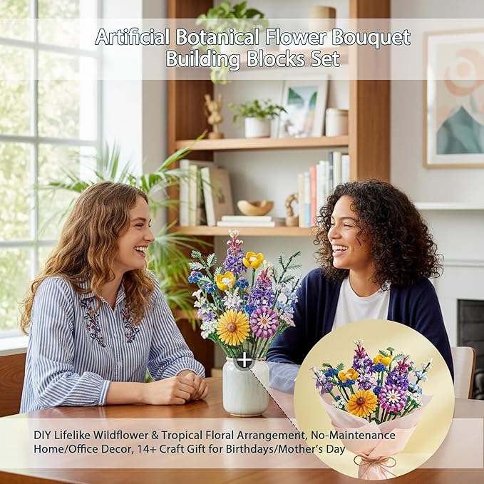 Artificial Botanical Flower Bouquet Building Blocks Set 1183Pcs DIY Wildflower &amp Tropical Flower Home Office Desk Decor Gift for 14+ Girls Women Teens Birthday Mother's Day Christmas Anniversar