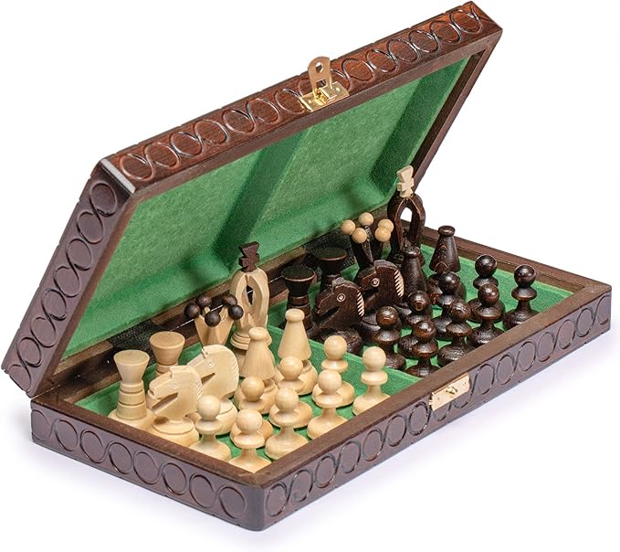 Husaria European International Chess Wooden Game Set King's Classic - 11.3-Inch Small Size Chess Set with Folding Board and Felt Bottom Chessmen