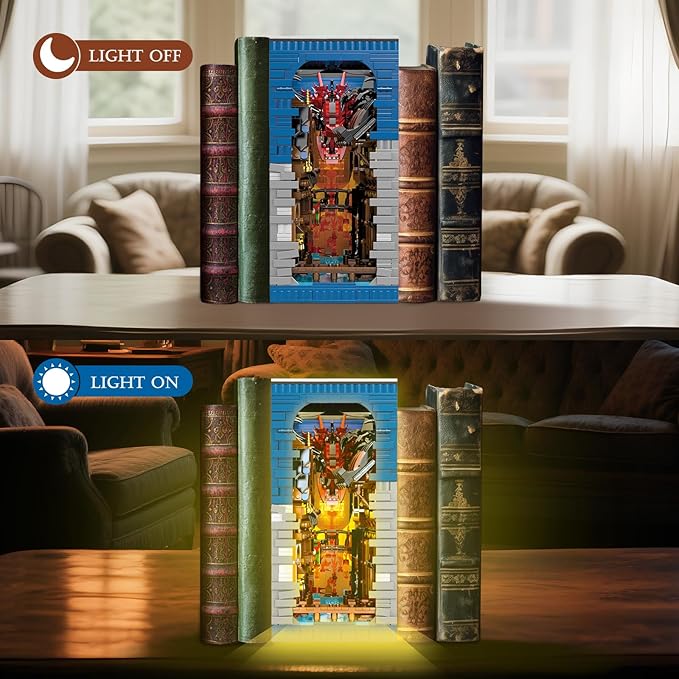 Reobrix Shire Booknook Building Set with Light H.obbit-Themed DIY Bookend Building Block Kit for Adults Medieval Dragon Book Nook 3398PCS Bookshelf Home Decor for Age 14+