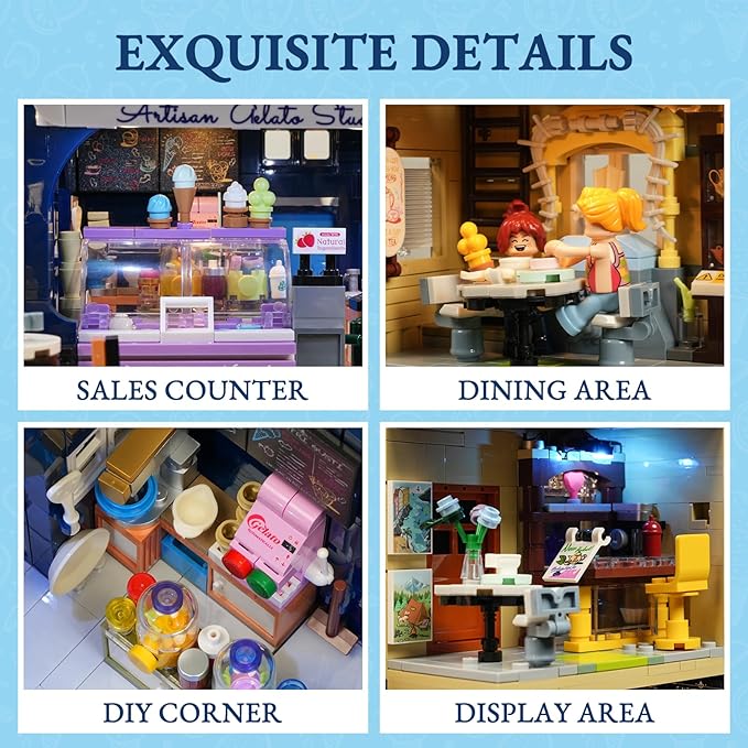 FUNWHOLE Gelato-Store Lighting Building-Bricks Set - City Town Ice Cream Shop LED Light Modular Collection Kit 1948 Pcs Display Model for Adults and Dessert Lovers