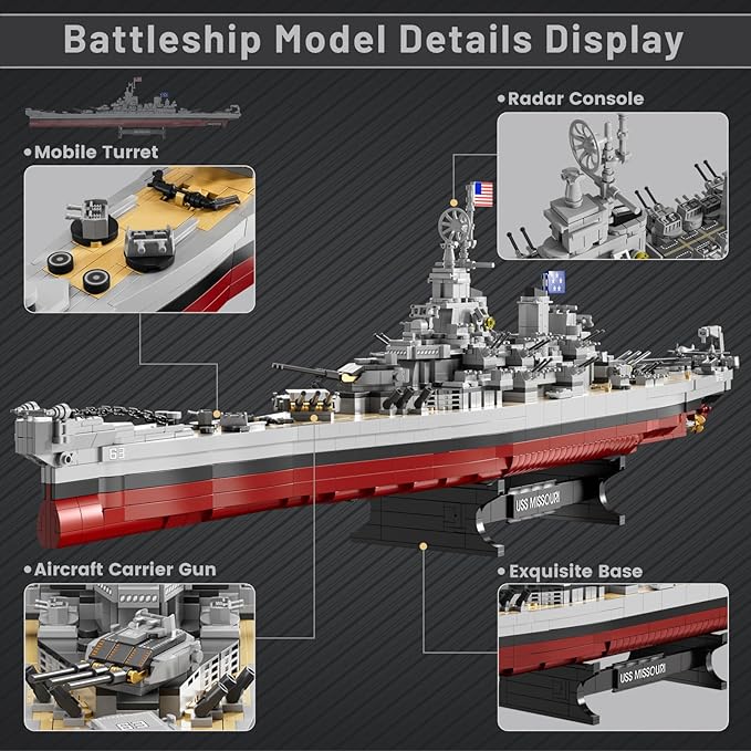 JMBricklayer Toy Battleship Building Set 60011 Classic Creative Military Missouri Battleship Model Collectible Display Warship Toys for Adults Christmas Birthday Gifts for 14+BoysTeens (2228 Pcs)