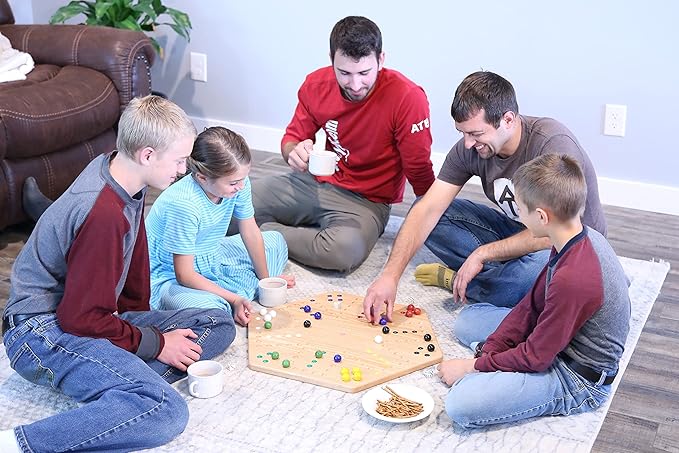 AmishToyBox.com Wahoo Wooden Marble Game Board Set - Large 24 Wide - Solid Oak Wood - Double-Sided - with Large 22mm Marbles and Dice Included
