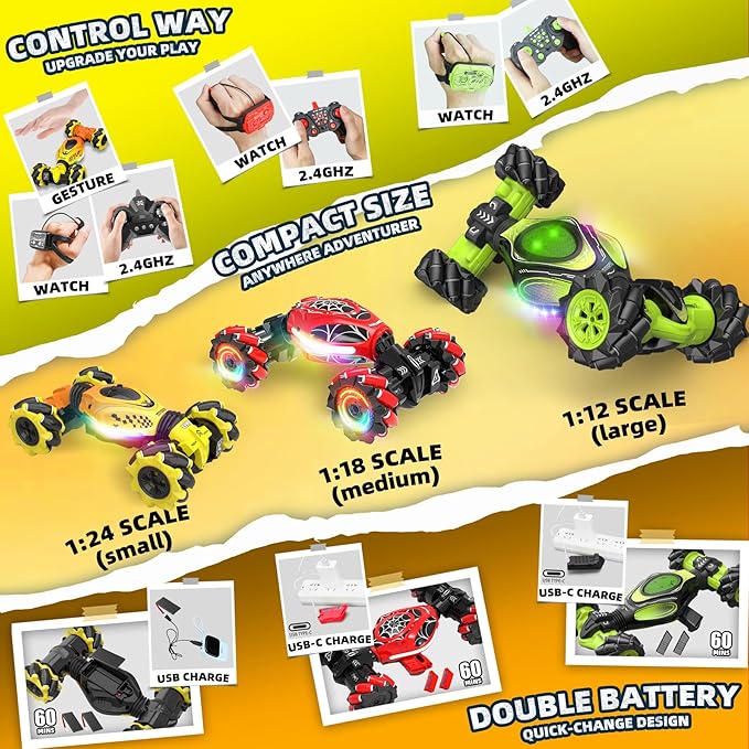 Gesture Sensing RC Stunt Car for Boys 6-12 4WD Remote Control Toy with Lights Music Best Birthday Gift for Kids 2.4Ghz Hand Control Drift