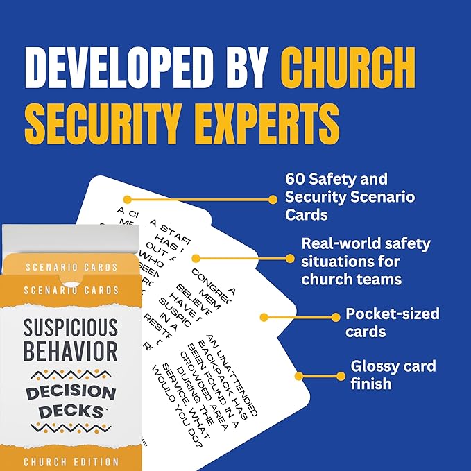 Church Safety and Security Decision Decks | 60 Suspicious Behavior Scenario Cards for Church Security Team Training Situational Awareness and Threat Recognition