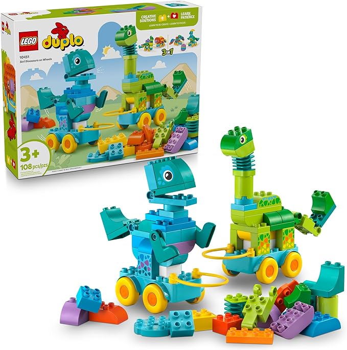 LEGO DUPLO Town 3 in 1 Dinosaurs on Wheels Learning Toy for Toddler Boys &amp Girls Ages 3+ - Building &amp Education Play Set Teaches Problem-Solving Skills Through Play - Preschool Gift Idea - 10