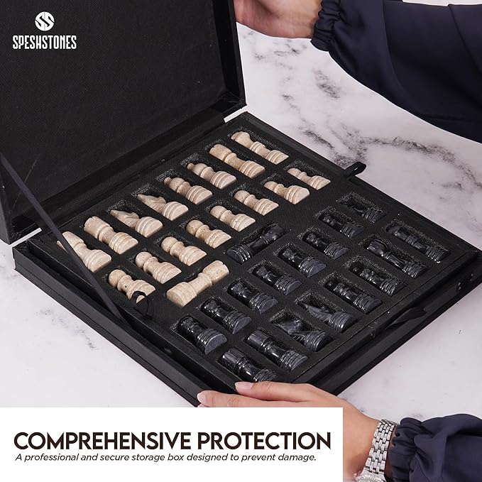 Marble Chess Set for Adults 12 Inch Handmade Travertine and Black Board Game with Storage Box Travel Chess Set for Tabletop with Pieces &amp 2 Extra Queens Gifts &amp Home Décor