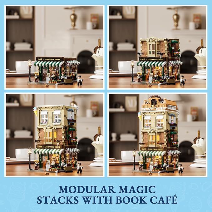 FUNWHOLE Gelato-Store Lighting Building-Bricks Set - City Town Ice Cream Shop LED Light Modular Collection Kit 1948 Pcs Display Model for Adults and Dessert Lovers