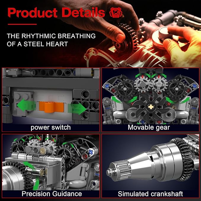 Sosuy RR V12 Motorized Engine Building Block Kit Electric Motor Drive Ultra‑Realistic Working Replica Model 733Pcs STEM Educational Engines Toy Birthday Christmas for Boy Kid Adult 14+