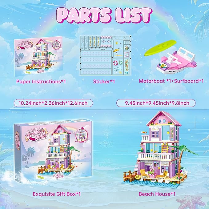 Beach House Building Sets Seaside Villa House Building Toys Compatible with Lego Friends Sets for Girls Age 8-12 Creative Holiday Cottage Building Kit Gift for Christmas Valentine's Day Party