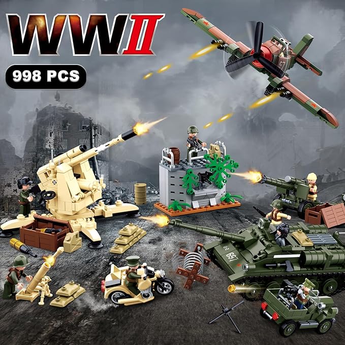 Military Base Building Set WW2 Army Model Kit with Tank Motorcycle Fighter 9 Soldier Minifigures Ideal Gifts for Adult Boys Aged 8 9 10 Compatible with Lego Military 988 PCS