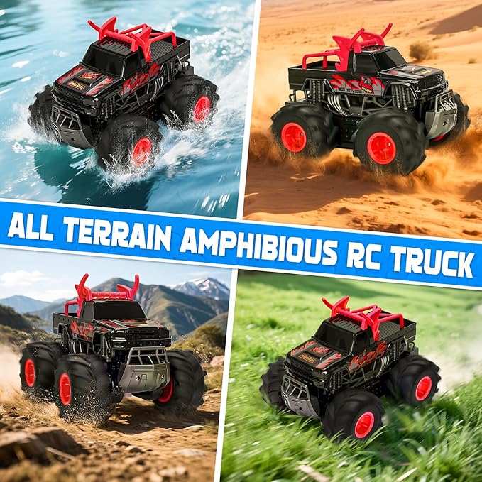 1:16 Waterproof Monster Truck Toys RC Cars 2.4GHz Remote Control Truck for Kids Boy Ages 89101112 Years Old 4WD All Terrain Off-Road with LED Lights RC Boat for Boy Girl Birthday Gift - Red