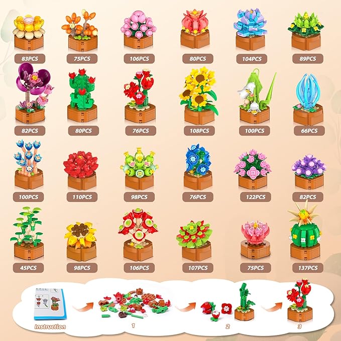 24 Pack Flowers Succulents Building Set - 2160PCS Botanical Collection 3.6MM Mini Flower Kit for Home Office Décor Plant Blocks Toy Easter Party Favors Gifts for Adults Women Kid 10+