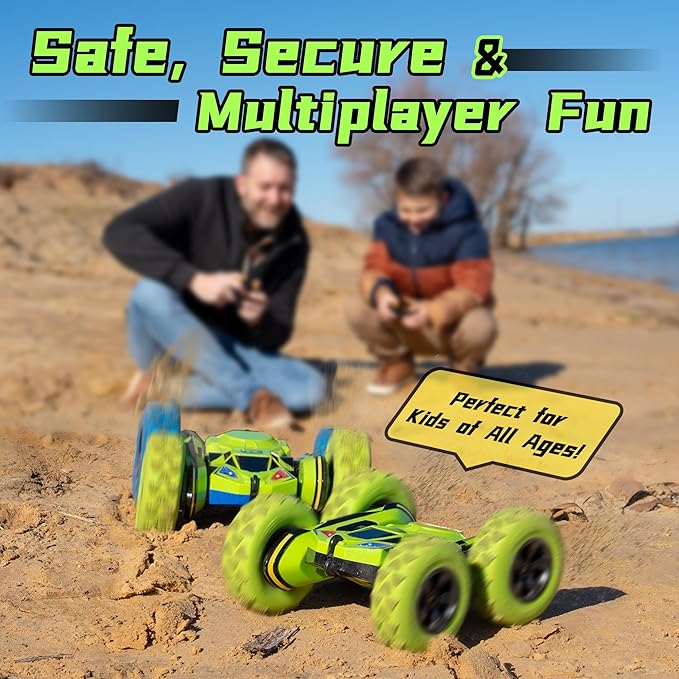 Threeking Remote Control Car RC Flip Stunt Double Sided Driving Cars Toys for Boys Girls Ages 6-12 4WD 360° Flips with Breathing Soft Lights Presents Gifts Green