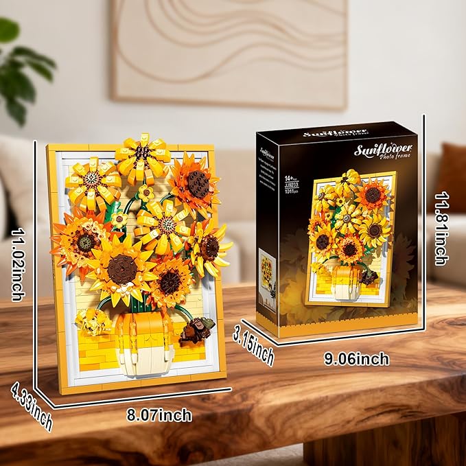 Lodikisbay Sunflower Frame Building Set Botanical Collection for Adult Wall Art Building Blocks Set Compatible with Lego Collectible Art Building Block Kit for Home Decor (1011PCS)