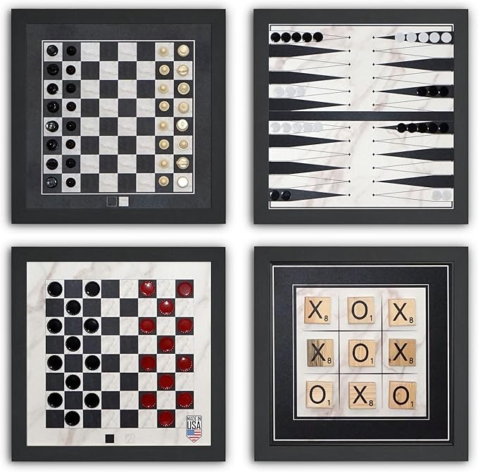 Magnetic Canvas Game Set. Chess/Checkers/Backgammon/TIC TAC Toe. Decrotive Game Sets use an mounting System That Gives Easy Access to Them. (Black and White)