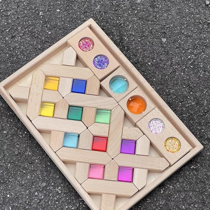22PCS Wooden Cross Shape Blocks with Colorful Acrylic Sparkling Square Monochrome Kaleidoscope Gem Educational Construction Toy for Toddlers (22PCS Fence Mixed)